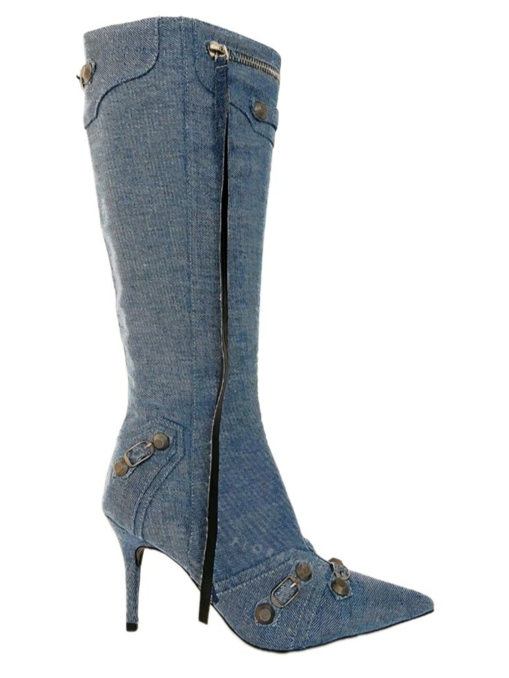 Denim Knee High Pointed Toe Stiletto Boots w Studs And Pin Buckle Strap Sz 8.5 - Picture 4 of 12